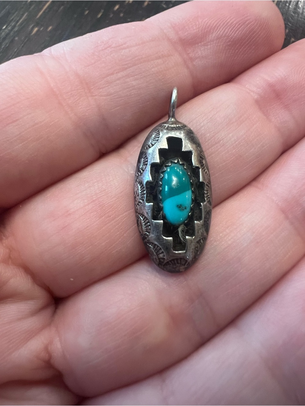 925 Sterling Silver Turquoise Shadowbox Pendant - Blue-Green Stone